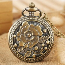 Retro Bronze Hollow Flower Princess Women's Analog Quartz Pocket Watch Chain