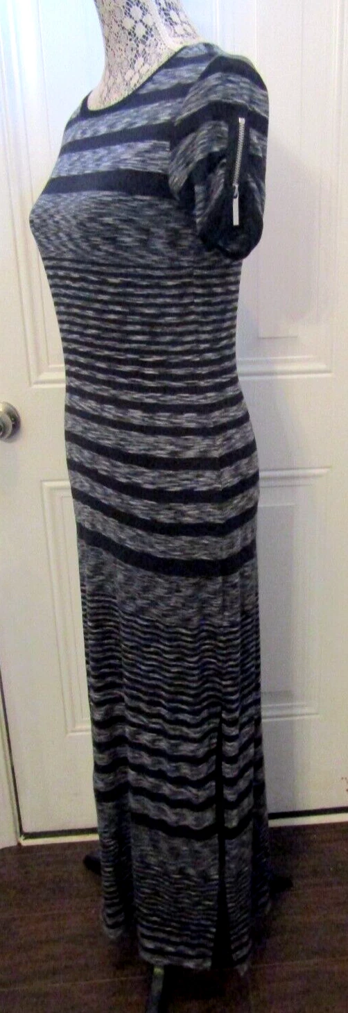 Michael Kors Maxi Abito Nero Righe Elasticizzato Maniche Corte Cerniera Donna Tg S