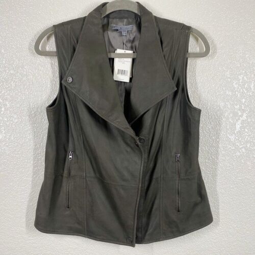 VINCE Women's Size Small Military Moto Lambskin Paper Leather Vest Jacket Olive