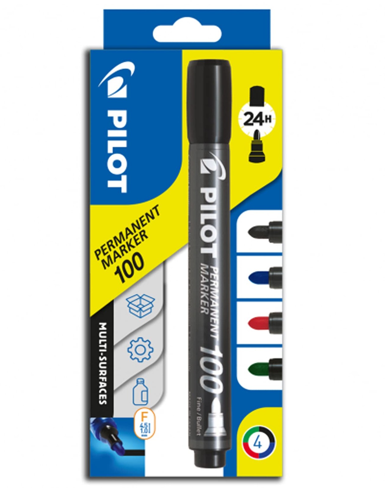 Pilot Permanent Marker 100 Bullet 45mm Tip Pack of 4- BlackRedGreenBlue Bull 3590₽