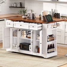 53'' Farmhouse Kitchen Island with Two Tempered Glass Cabinet Doors Dining Room