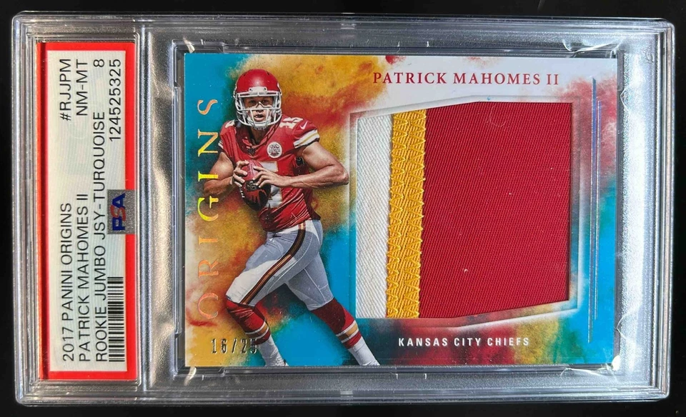 2017 Origins Patrick Mahomes II Rookie Jumbo Patch Turquesa RC #16/25 PSA 8