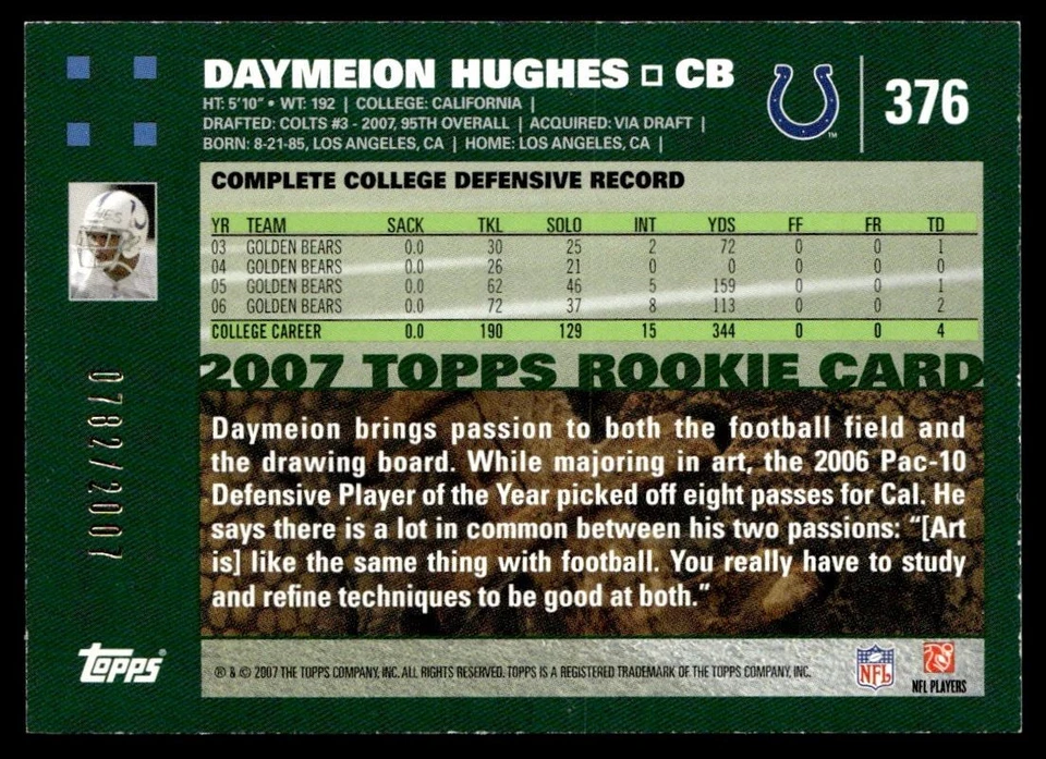 2007 Topps Copper Daymeion Hughes RC /2007 Indianapolis Colts #376 - Image 2 of 2