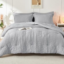 Queen Comforter Set Seersucker 7 Pieces with Sheets Pillowcases Shams Light Grey
