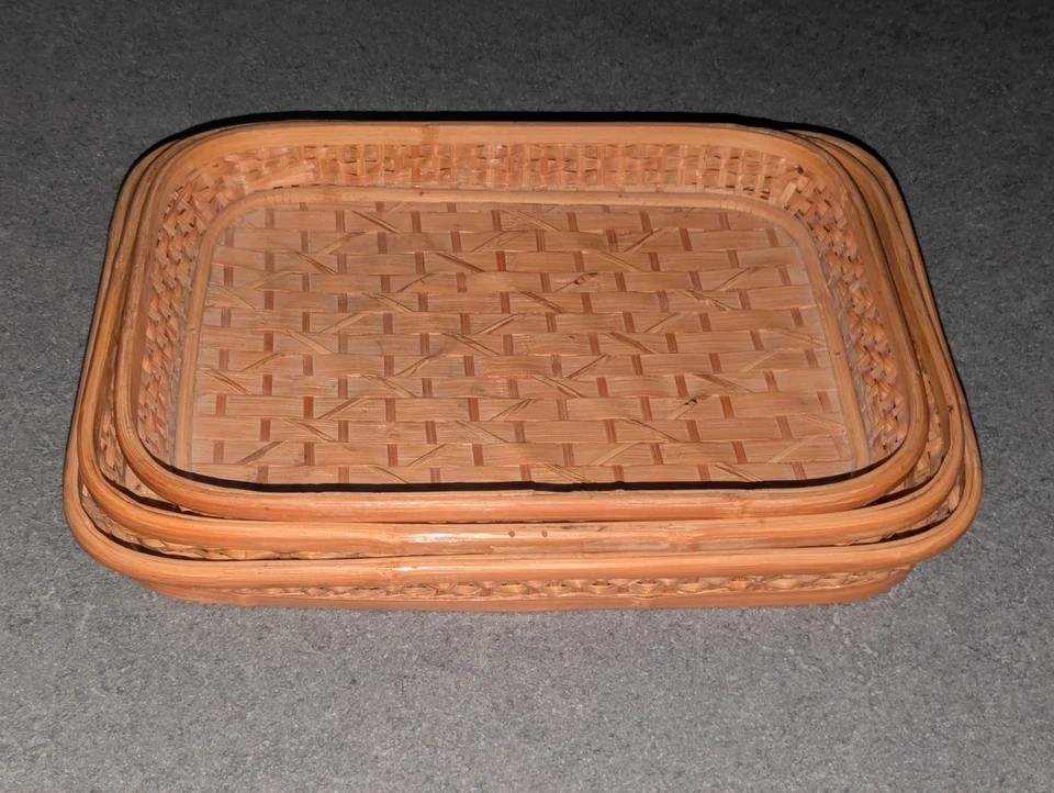 Vintage Nest Of 3 Bamboo Serving Trays Boho Retro  - Image 3 of 4