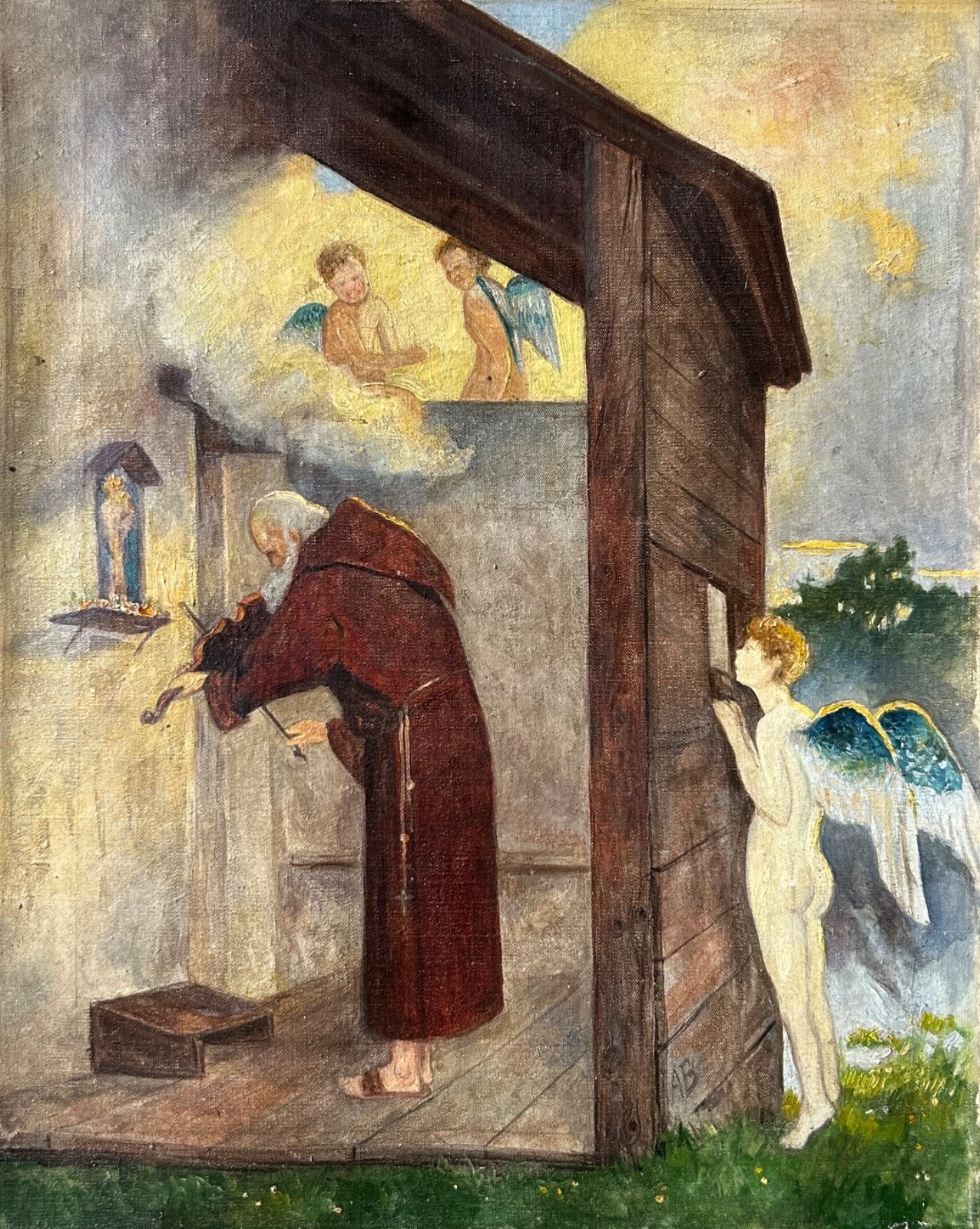 Ölbild Religiöses Motiv Mönch mit Geige und Engeln Puttos AB Monogramm