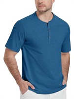 Henley Shirt Herren Baumwolle Kurzarm Knopfleiste Ohne Kragen Blau Gr S Slim Fit