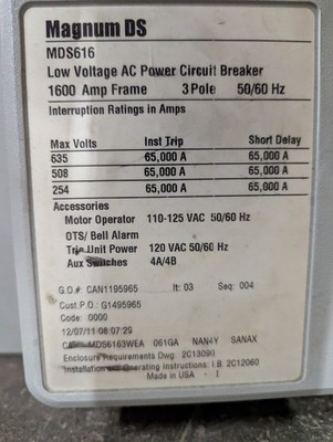 EATON CUTLER-HAMMER MAGNUM DS MDS6163WEA 1600AMP LOW VOLTAGE AC CIRCUIT BREAKER