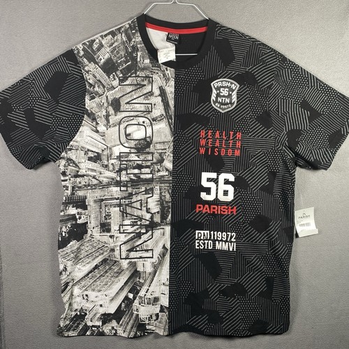 PARISH NATION T-SHIRT MENS 4XL BLACK & WHITE SPLIT TEE CITY SCAPE AOP NWT - Picture 1 of 9