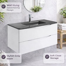 White Gloss 900mm Wall Hung Bathroom Vanity Unit with 2 Drawers & Glass Basin