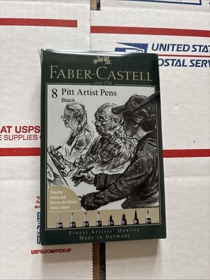 Faber Castell Pitt Artist Pens, Black India Ink, 8 Piece Set, Assorted Sizes