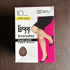 L'eggs Everyday Knee Highs PLUS Size SUNTAN Sheer Toe 10 pair Made in USA NWT