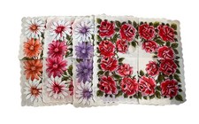 Vtg 4 Floral Cluster Pink/red/orange/purple White Scalloped Edge Handkerchiefs