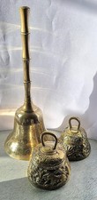 3 Vintage Bras Bells 2 x Latin Temple and an Indian Long Handled, Lion, Pelican
