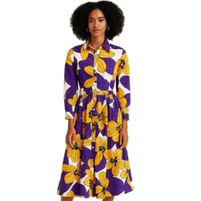 VTG Pierre Cardin Floral Maxi Shirtdress Purple Yellow Fit & Flare Long Sleeve