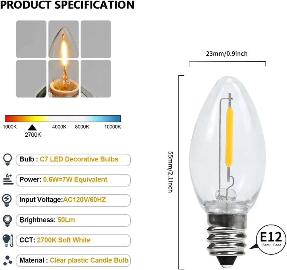2-Pack Accessory Cord with 2 C7 LED Night Light Bulbs, E12 Socket, White - Image 2 of 4