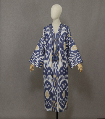 Uzbek ikat chapan,cotton kaftan cape,boho blue coat,ethnic abaya,cover kimono