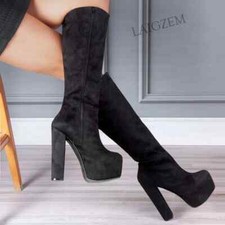 Women Knee High Boots Zip Up Thick High Heels Boots Platform Ladies Shoes Woman
