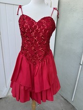 Vtg 80 s Red Prom Dress Sequins Sweetheart Neck Spaghetti Strap Sz M Lydia 32