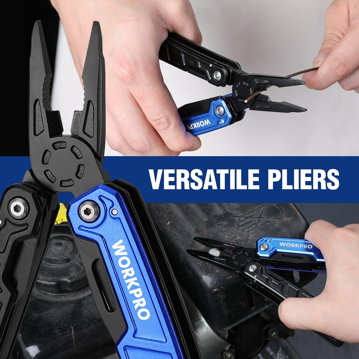 Multitool Workpro 11-en-1 - Pince EDC Avec Couteaux Et Gaine - Noir/Bleu