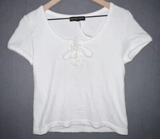 Almost Famous White Knit Top Crew Neck with drawstring Short Sleeve Size Large