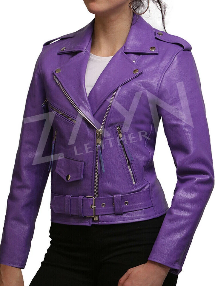Women's Real Lambskin Leather Soft Purple Jacket Biker Motorcycle Stylish Jacket - Image 3 of 4