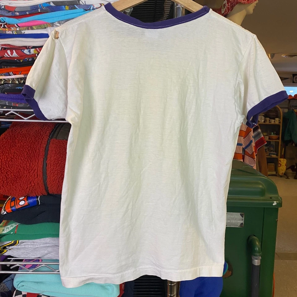 1970s Vintage CHAMPION Blue Bar T-shirt White Purple Medium Ringer Tee Foto 3 de 4
