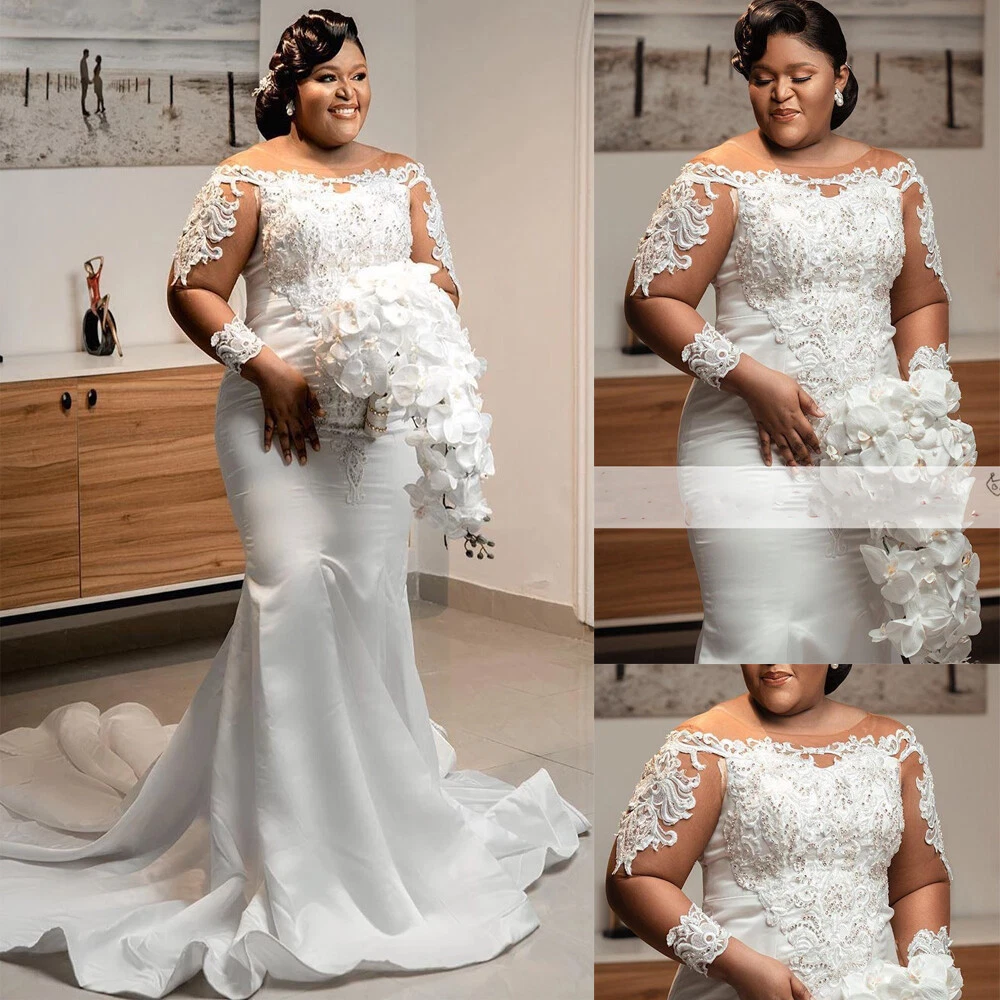 Vintage Satin Wedding Dresses Plus Size Mermaid Beaded Long