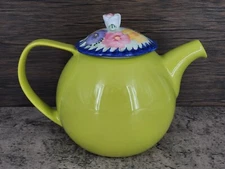 Forlife Lime Green Ceramic Teapot with Floral Lid Rose Handle
