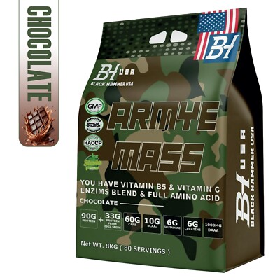 ARMYE Mass Gainer 4kg Chocolate | High Calorie, BCAAs Recovery  Black Hammer USA