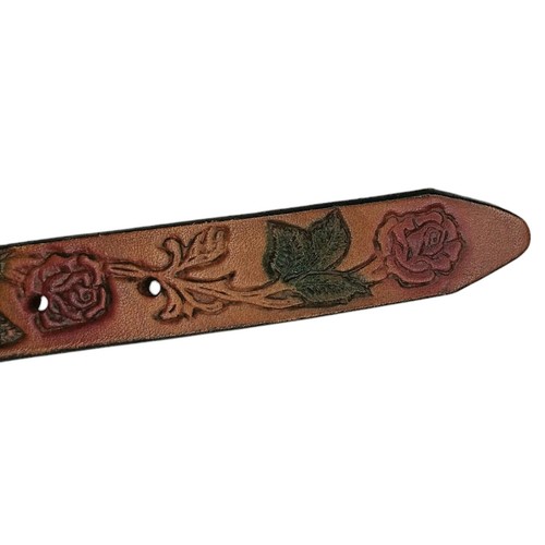 Vintage Brown Leather Floral Tooled Belt Red Roses Skinny Size Medium 31" - 35" - Picture 3 of 14