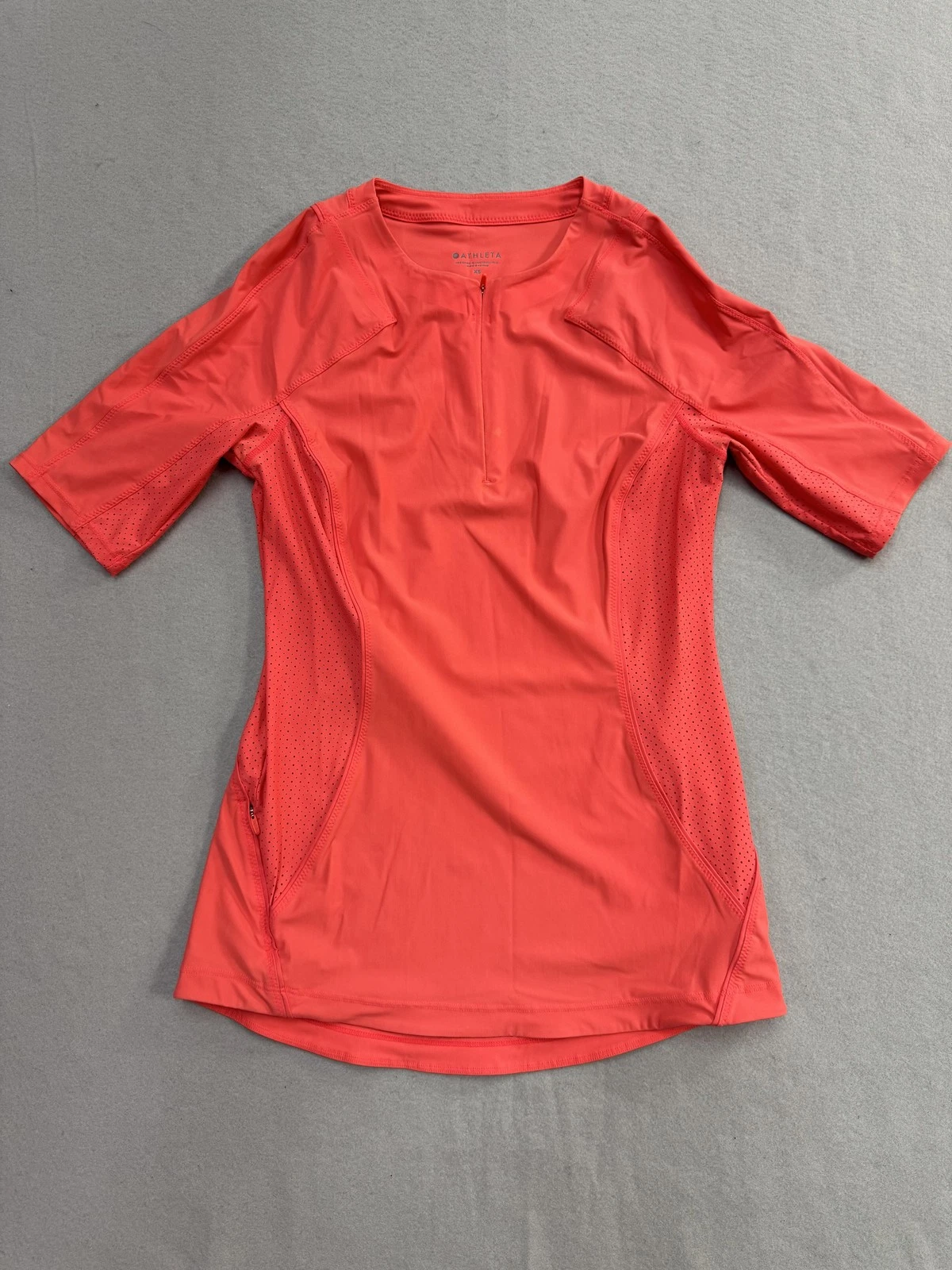 Athleta Shirt Womens XS Orange 1/4 Zip Short Sleeve Mesh Pocket Running Top