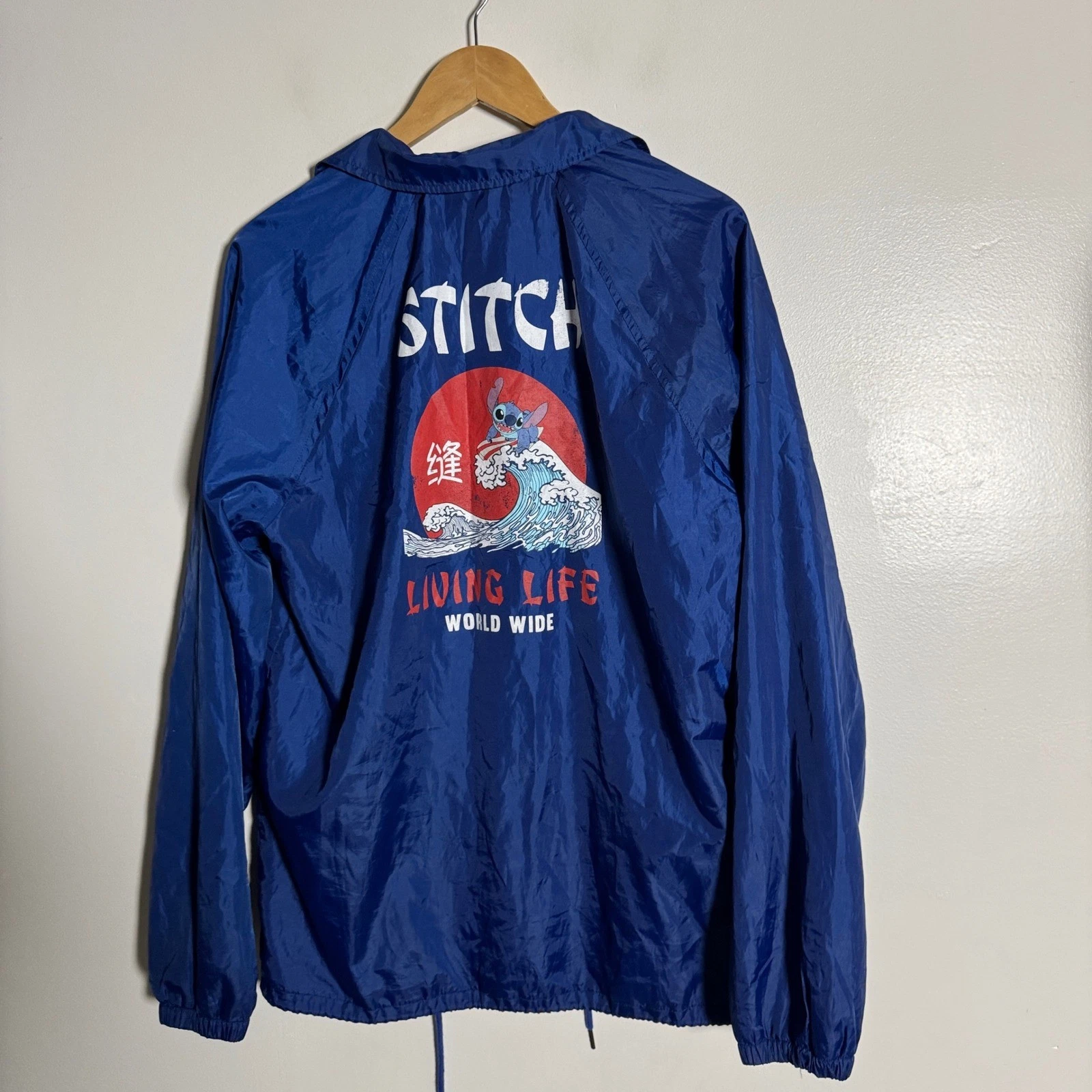 Disney Stitch Jacket Mens Large Blue Windbreaker Graphic Coat
