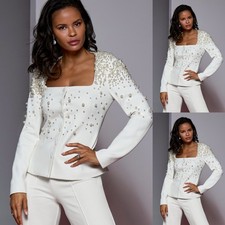 Women Suits 2Pcs Beaded Jacket Modern Pearl Coat Slim Evening Prom Party Outfit