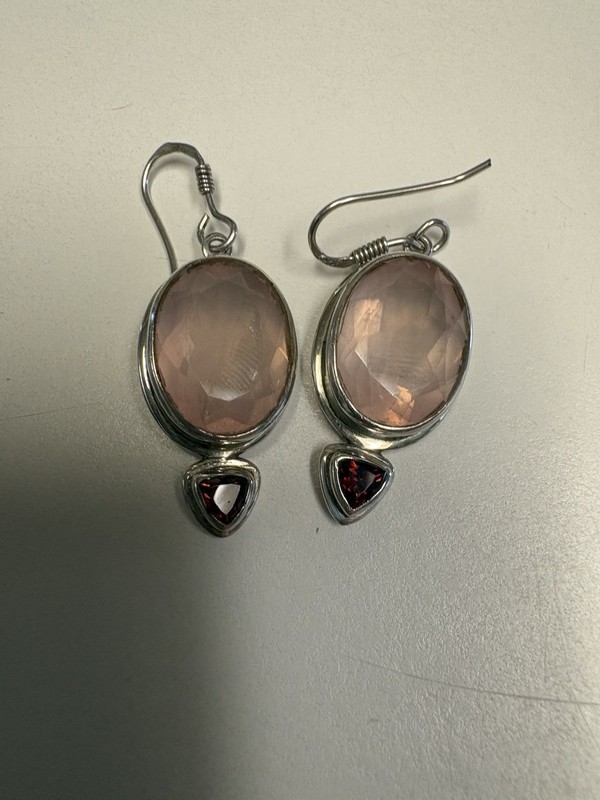 Pink And Redstone Vintage Sterling Silver Earrings, Dangle Hook