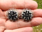 Vintage Etched Jet Glass Filigree Earrings 925 Sterling Silver Mexico 9.6G 1" — photo 1