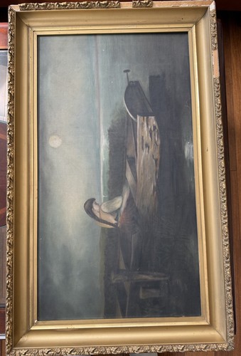 Antique Oil On Canvas Painting Girl On Boat Marsh Lake See 31x19” - Picture 12 of 16