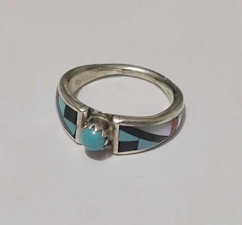Rare Zuni DON BOONE Sterling Inlay Ring Turquoise Coral Size 5.5 Native American