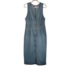 Vtg 90s No Boundaries Denim Dress Size 13 Blue Button Front Sleeveless Maxi Boho