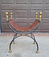 Vintage Maison Jansen Iron, Brass, Leather Curule Savonarola X-Base Bench Chair