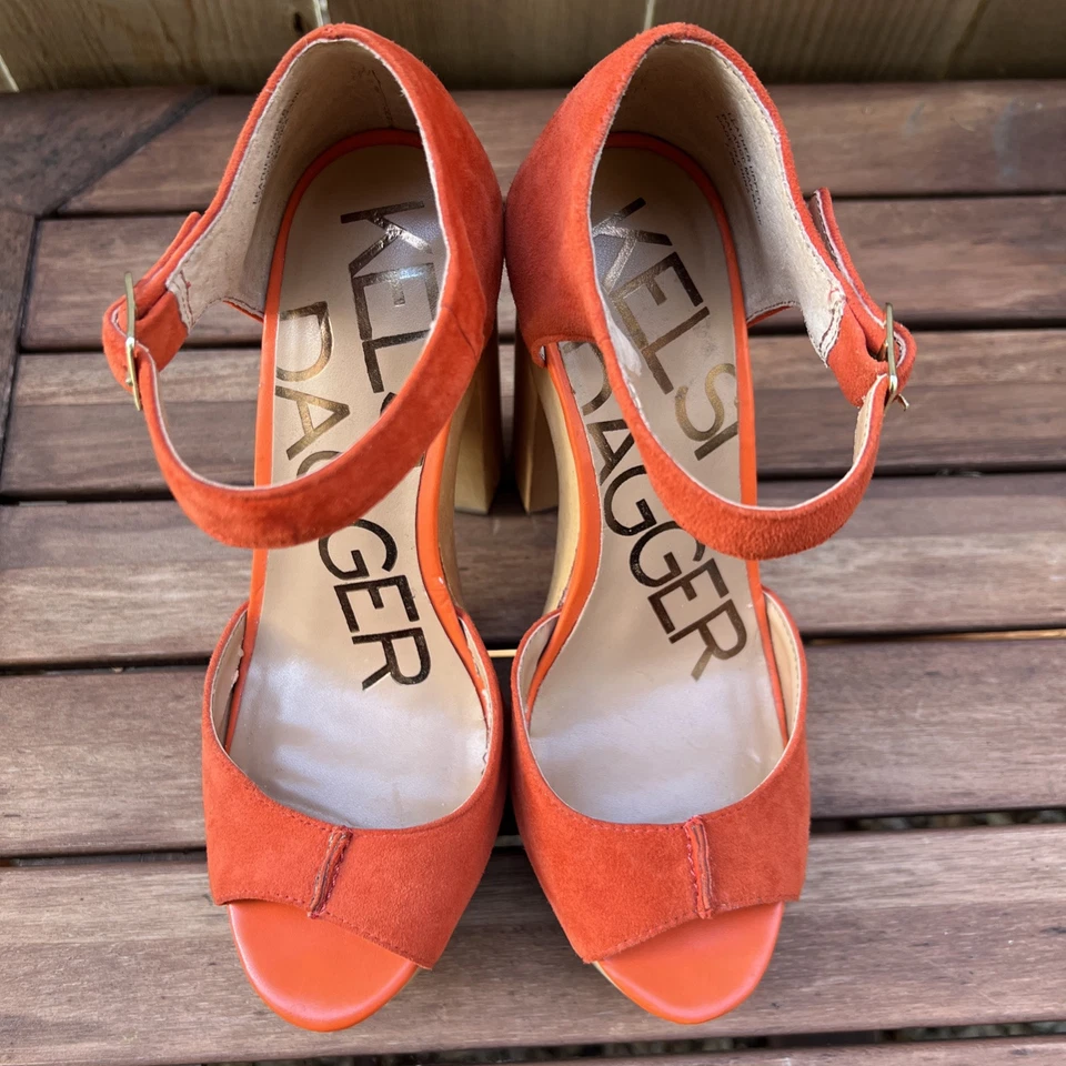 Kelsi Dagger Wynette Orange Suede Wooden Platforms Chunky Heel Women’s 7.5 M - Image 4 of 4