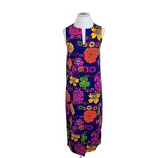 Vintage 70s Psychedelic Hawaiian Maxi Dress Small Floral Mod Hippie Barkcloth