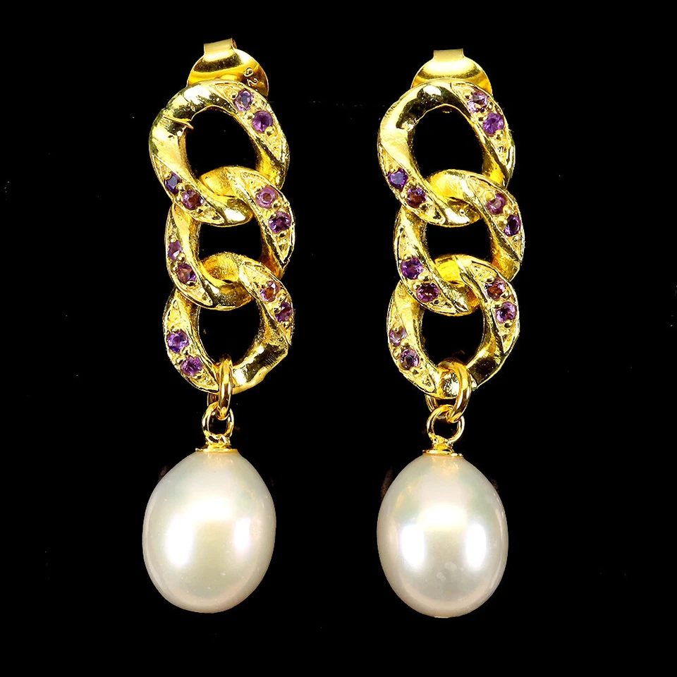 Orecchini In Argento Sterling 925 Rotondi In Amatista Viola Con Perla Gioiello - Immagine 2 di 4