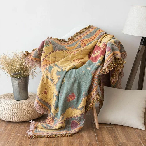 Couch Throw Tassels Blanket Wall Tapestry 3 Layers Cotton Woven Sofa Blanket - Picture 1 of 6