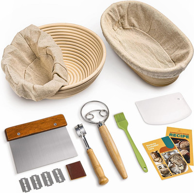 Bread Banneton Proofing Basket Set, 9 Inch round & 10 Inch Oval Cane Sourdough B