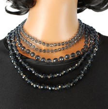 Crystal Bib Necklace Vintage 1950s 5 Strand Tiered Smoky Dark Blue Glass Beads