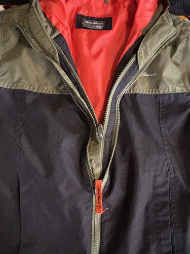 Eddie Bauer Double Zip Up Jacket Hood Size Small Olive/Black Pockets Logo - Picture 8 of 9