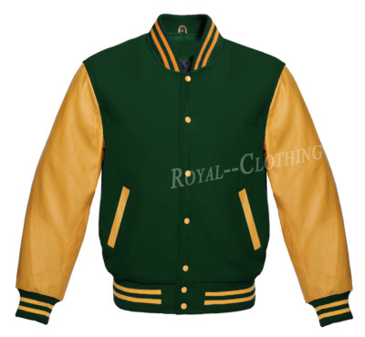 Letterman Varsity College F.Green Wool & Genuine Gold Leather Sleeves Jacket