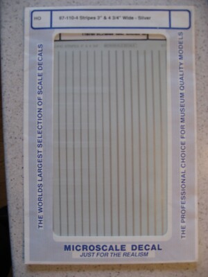 Microscale Decal HO 91104 Striping 3'' and 4 3/4'' Widths - Silver Decal Sheet