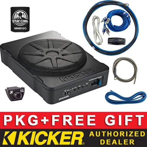 KICKER 360W HS10 10" CAR AUDIO UNDER-SEAT SUBWOOFER PACKAGE + 8AWG AMPLIFIER KIT